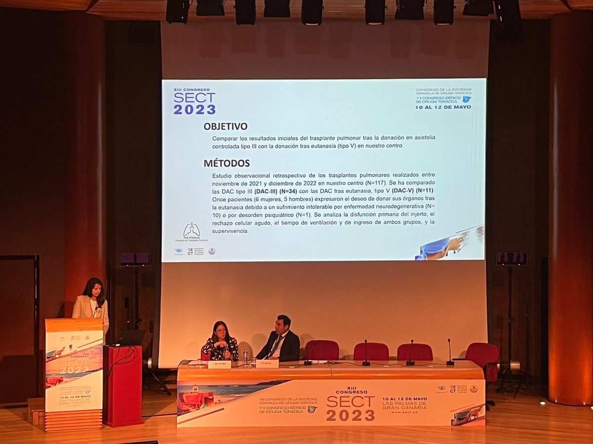 MurPilpil's tweet photo. 🔹 “Donación pulmonar tras eutanasia: nuevo pool de donantes para el trasplante pulmonar.” Póster con comunicación en el congreso #SECT2023. 📍Gran Canaria.  @SECTtoracica @ThoracicSurgHVH https://t.co/m6Pw1Z3Mk5