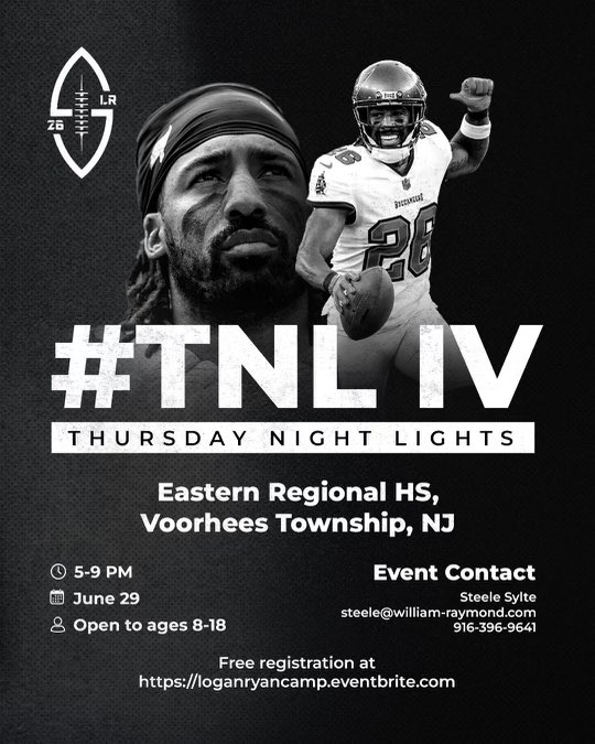 RealLoganRyan's tweet photo. My Thursday Night Lights youth football camp is Back!!! 🏈 
Come out on June 29th from 5-9PM @ Eastern Regionals HS. Coached by my former coaches on the same field where stars are born. Who’s up Next!?
Link in Bio for registration, this will sell out!! https://t.co/Q9d4lgJtlX