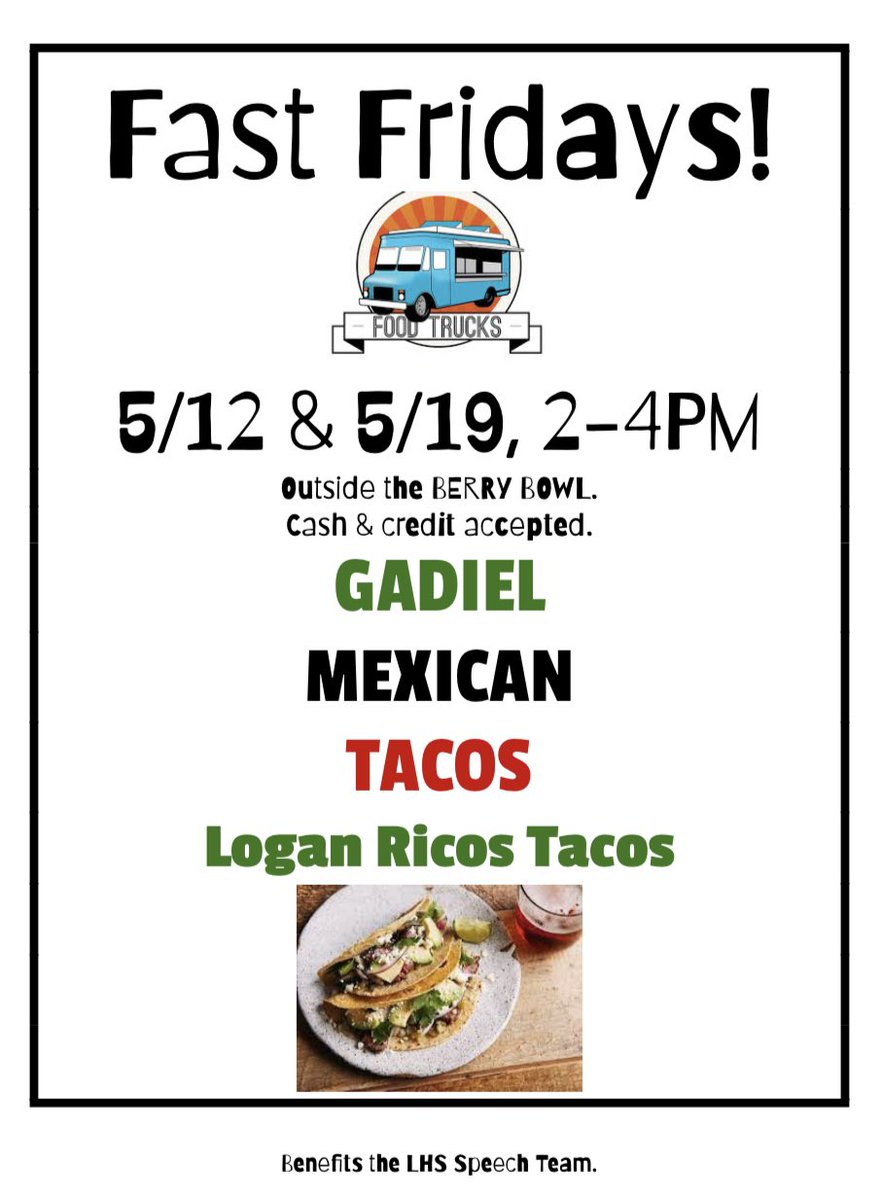 Tacos! Today! 2-4 outside the Berry Bowl!