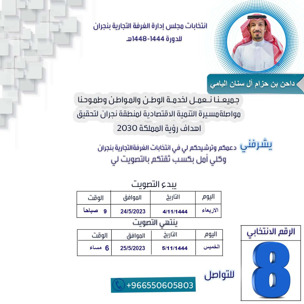 dalyamy123's tweet photo. يسعدني و يشرفني دعمكم و ترشيحكم لي في انتخابات مجلس ادارة الغرفة التجارية بمنطقة نجران لدورتها  1444 - 1448 هـ وذلك يومي الأربعاء و الخميس الموافق 24 - 25 مايو 2023 م من الساعة 9 صباحًا و حتى الساعه 6 مساءً اليوم التالي متمنيًا ان اكون عند حسن ظنكم لمواصلة مسيرة التنمية بالمنطقة https://t.co/e0I7vfdsBb