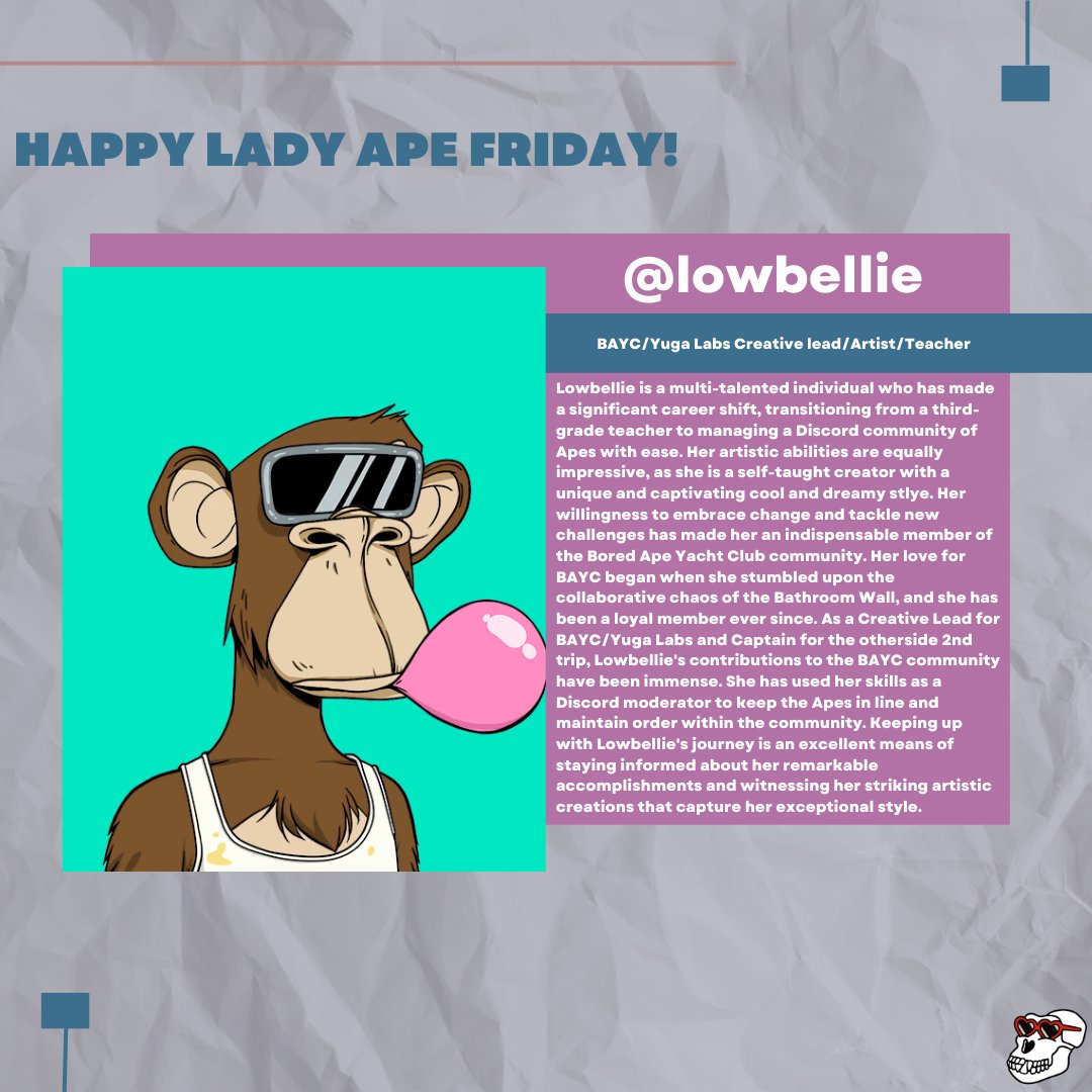 LadiesofBAYC's tweet image. ✨ Happy Lady Ape Friday! ✨

We would like to highlight @lowbellie, a self-taught artist and former teacher who seamlessly transitioned to managing a Discord community of Apes in the Bored Ape Yacht Club. As Creative Lead for @BoredApeYC / @yugalabs  and Captain for the…