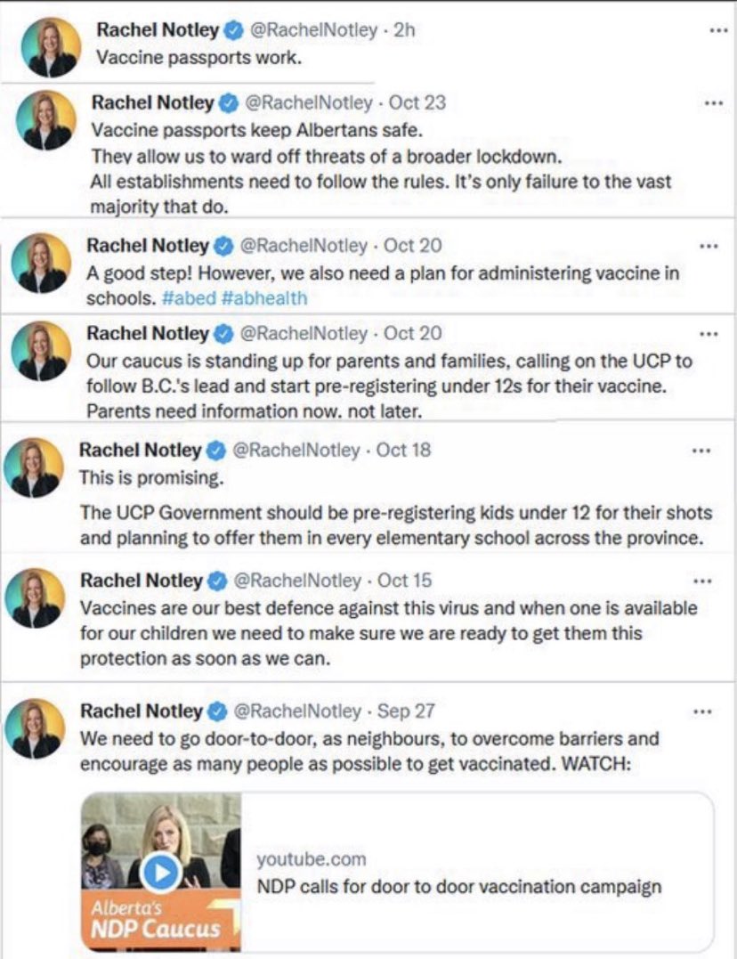 myabradshaw78's tweet photo. When Justin Trudeau campaigns on Mandatory Vaccines just REMEMBER @RachelNotley will follow suit. Notley wanted nurses going door to door and demand to know why you didn’t get vaccinated and have the nurses have the vaccines on hand to give it to you at your house #NeverNotleyNeverAgain