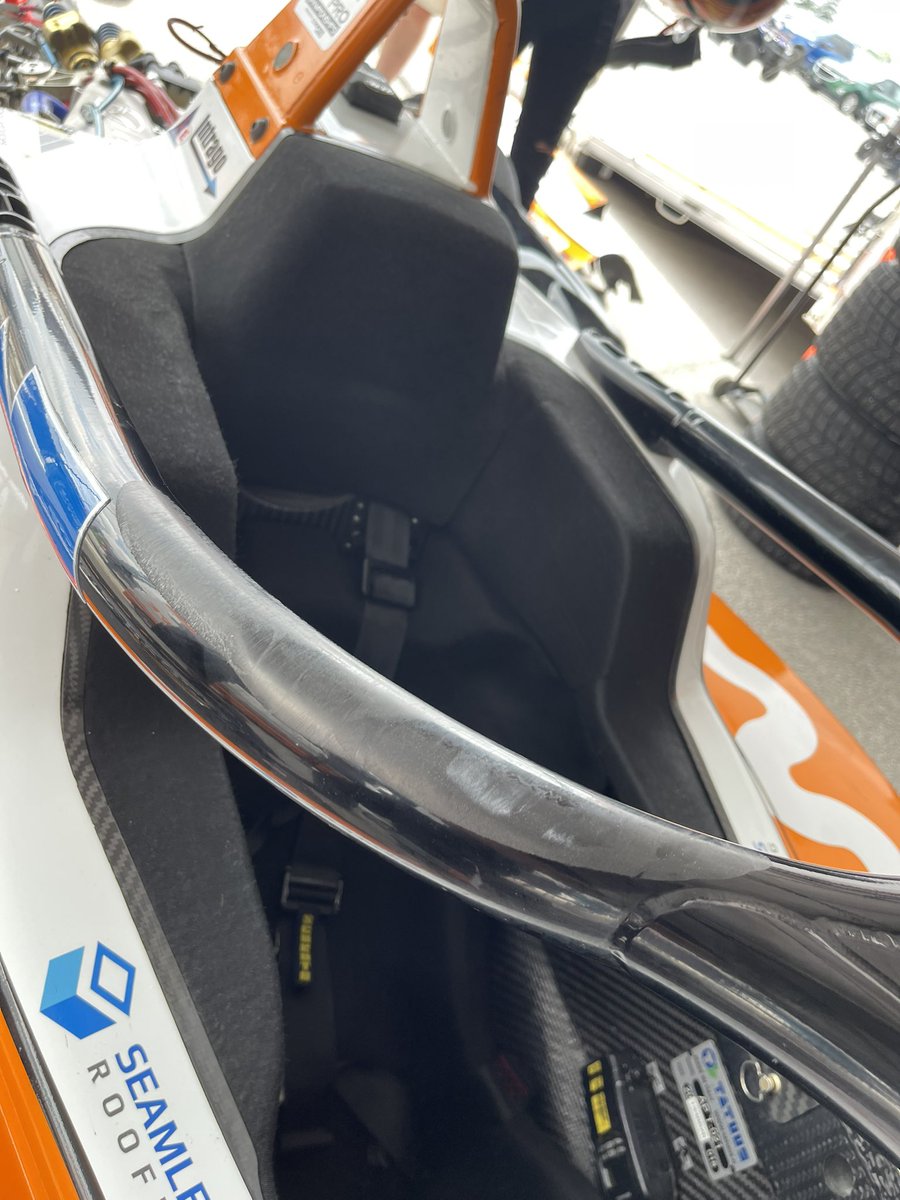 RobHowden's tweet image. Here’s the halo on the Tatuus USF-22 of Elliot Cox, who had Max Garcia land on top of him in T7 at Indy. I spoke with Elliot, and he’s fine, and a quick inspection of his helmet shows no marks. The halo did its job.

#USFPro / #TeamCooperTire / #halo / #USF2000 / #IndyGP