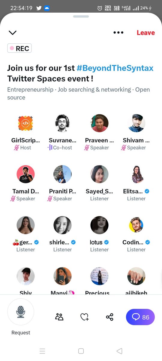 sayed_sabreen29's tweet photo. Attending the 1st  #BeyondTheSyntax Twitter Space hosted by @girlscriptsoc , with an incredible panel of speakers including @kaiwalya_  @SantoshYadavDev  @HaimantikaM @mrTamall  and @praveenscience .
Excited to explore open source and learn together.🚀✨ https://t.co/Ahz2Tbauho