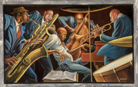HeritageAuction's tweet image. #HERITAGELIVE American painter #ErnieBarnes&apos; painting Quintet is among the most recognizable pieces by the former footballer. The joyful depiction of jazz musicians at work is so alive it echoes with a bebop sound. This swinging piece realized $645,000. bit.ly/3I7SGyd