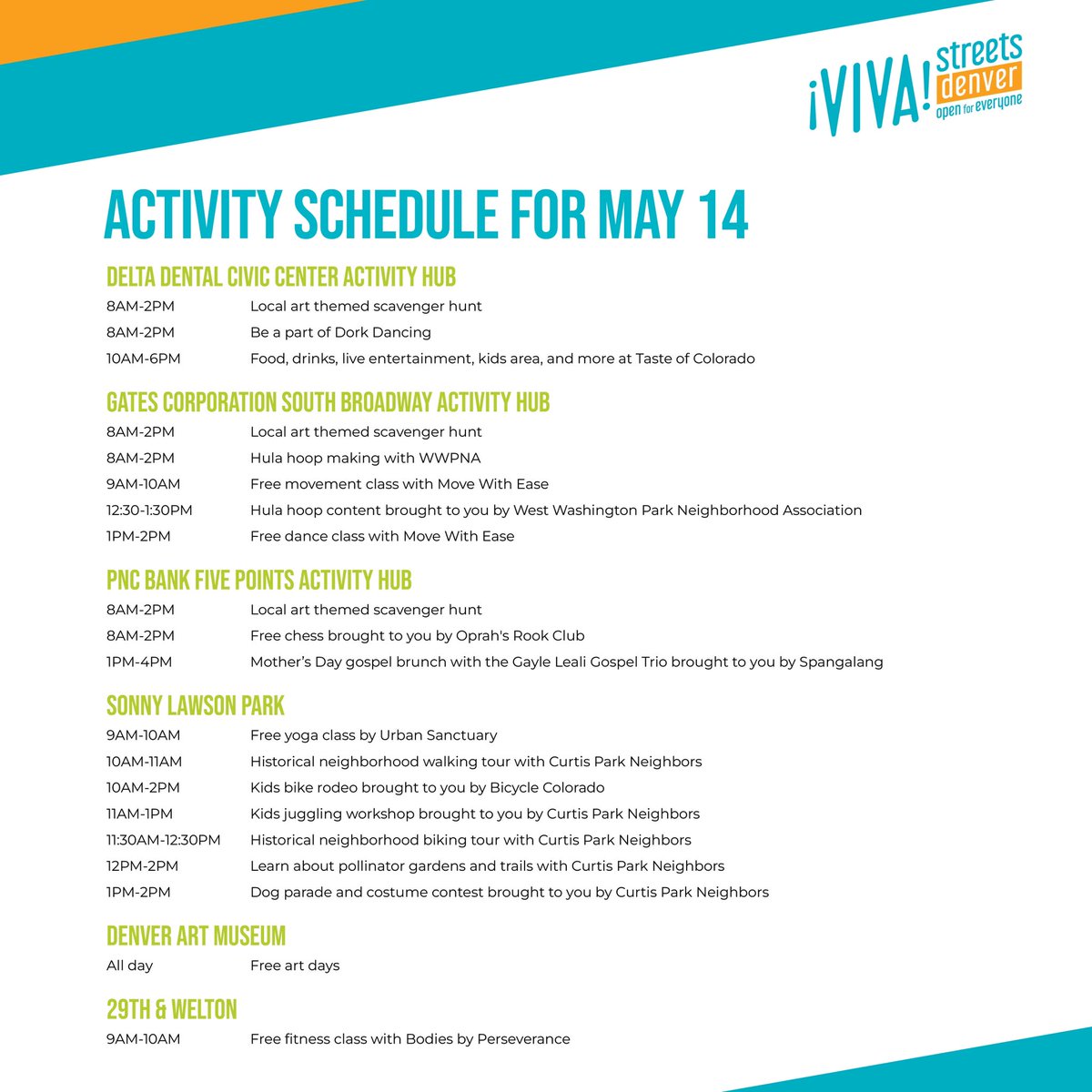📢 UPDATED ACTIVITY INFO! 📢

There are activities for EVERYONE at ¡Viva! Streets Denver! From restaurants and shops, to parks and neighborhoods, we invite you to explore downtown Denver in an exciting, new way! 

#vivastreetsdenver #denver #ciclovia #denverevents