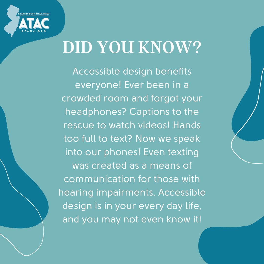 Did you know accessible design benefits everyone? Tools that you use day to day were built with accessible design and you may not even know it! It's so important to recognize that inclusion comes in many forms! #at4nj #inclusive #disabilityrights #accessibility #accessibledesign