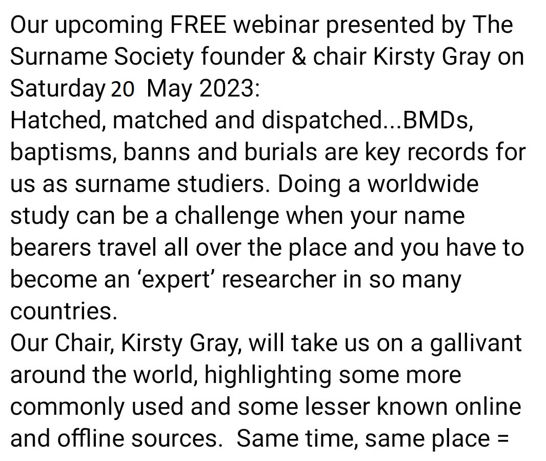 surnamesoc's tweet photo. Saturday 20th May 4pm BST
Our chair @TheKirstyGray, will be leading a talk on BMD records around the globe!
Free to all!
It's going to be great!
Zoom link > https://t.co/i7dr5fmFMJ #SurnameStudies #SurnameStudy #Genealogy @surnamesoc_
#FamilyHistory #Ancestry #NameStudy https://t.co/rZHomlnL8J