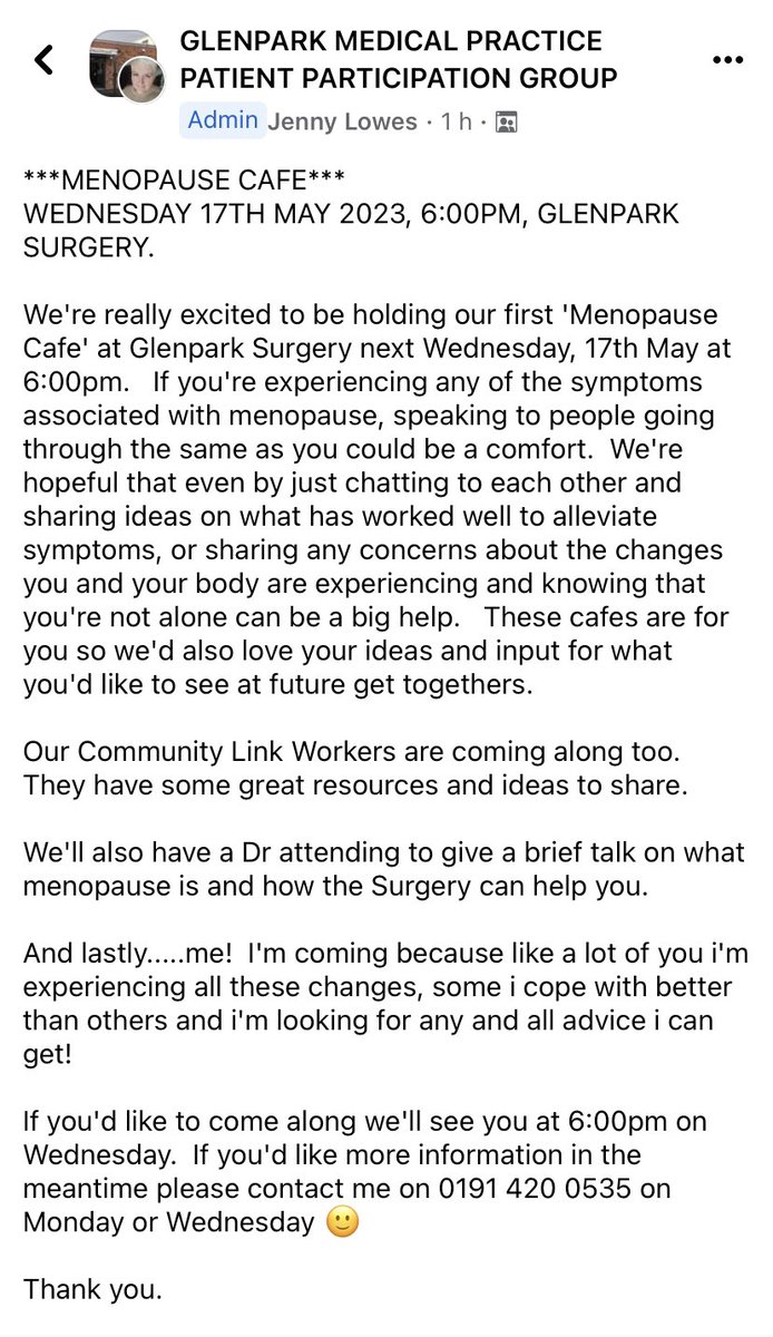 Menopause Cafe at @GlenparkSurgery next Wednesday (only for registered patients I’m afraid). Come along for peer support and information!