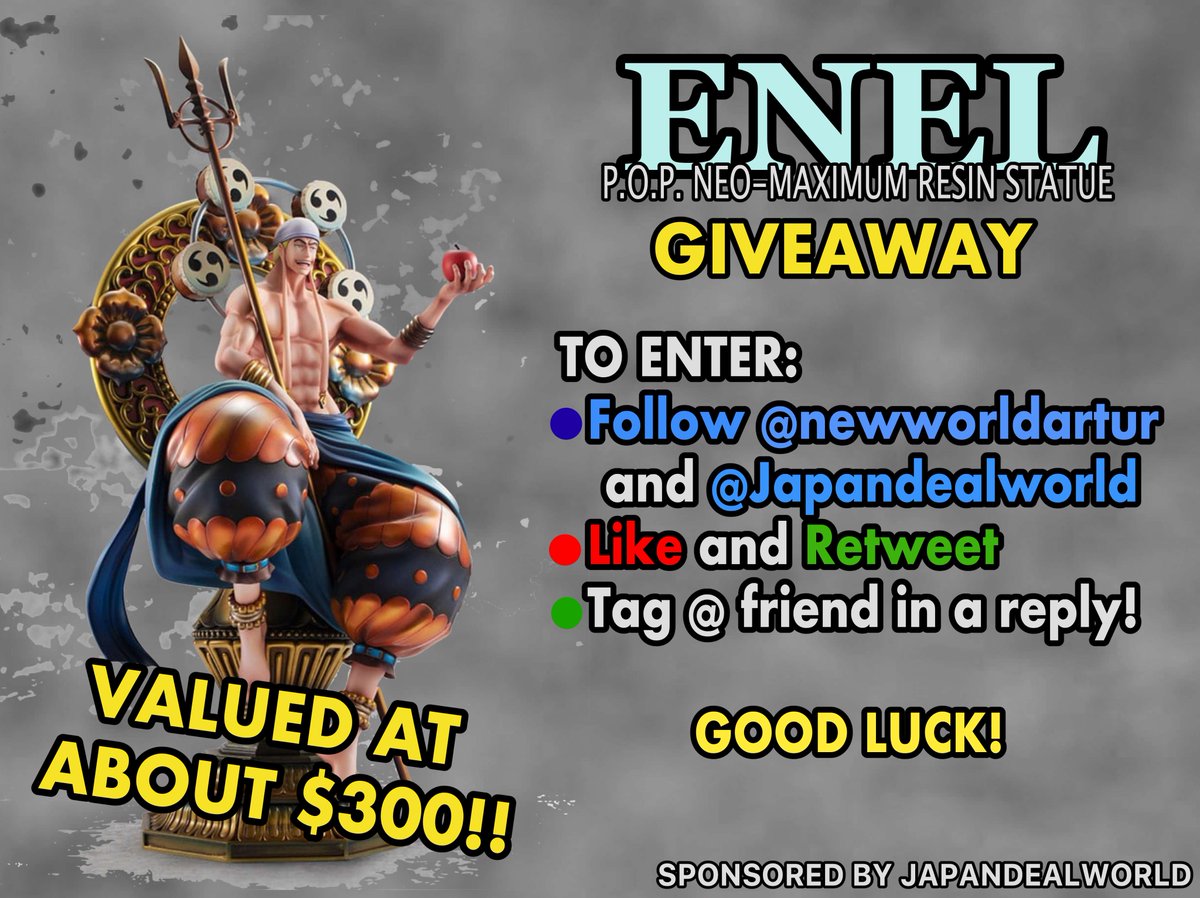 newworldartur's tweet image. I won a $300 Enel P.O.P. resin figure at @MontCorvo_Off's Reverie (sponsored by JDWorld) and I'm giving it away to ONE OF YOU!! To enter:

➡️ Follow me and @japandealworld 
❤️ + ♻️ Like and Retweet this tweet
@ Tag a friend in a reply!

GOOD LUCK!