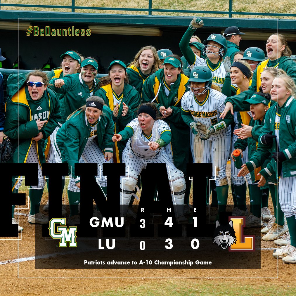 𝙔𝙤𝙪𝙧 𝙂𝙚𝙤𝙧𝙜𝙚 𝙈𝙖𝙨𝙤𝙣 𝙋𝙖𝙩𝙧𝙞𝙤𝙩𝙨 𝙖𝙧𝙚 𝙁𝙞𝙣𝙖𝙡𝙨 𝘽𝙤𝙪𝙣𝙙

FINAL: #4 Patriots 3, #2 Ramblers 0
WP: Aly Rayle (7.0 IP, 0 R 3 H, 7 K)
Haley Taormina: 2-3, 2 RBI, HR
Maddy Myers: 1-3, RBI, HR

#BeDauntless🥎🔰 | #A10SB