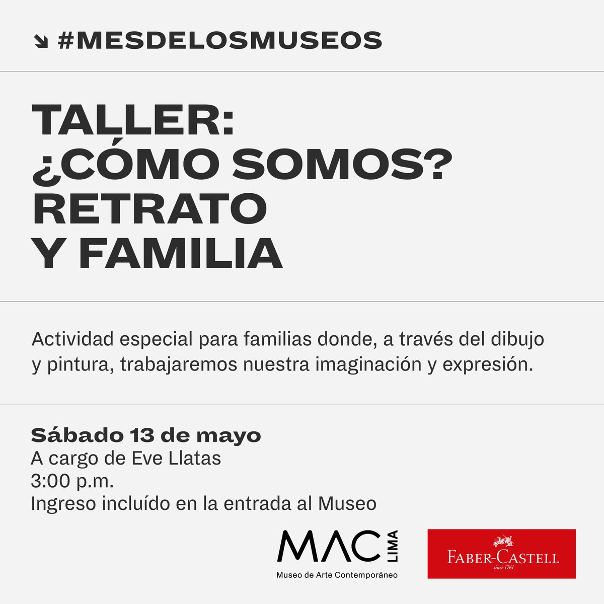 MAC Lima (@museomaclima) on Twitter photo #MesdeLosMuseos
El MAC Lima y <a href="/FaberCastellPer/">Faber-Castell Perú</a> presentan un taller familiar donde buscaremos la conexión a través del arte. El ingreso está incluido en la entrada al Museo.
¡Los esperamos!
📅Fecha: Sábado 13 de mayo
🕒Hora: 3:00 p.m.
👉No se necesita inscripción. Aforo limitado #MesdeLosMuseos
El MAC Lima y <a href="/FaberCastellPer/">Faber-Castell Perú</a> presentan un taller familiar donde buscaremos la conexión a través del arte. El ingreso está incluido en la entrada al Museo.
¡Los esperamos!
📅Fecha: Sábado 13 de mayo
🕒Hora: 3:00 p.m.
👉No se necesita inscripción. Aforo limitado