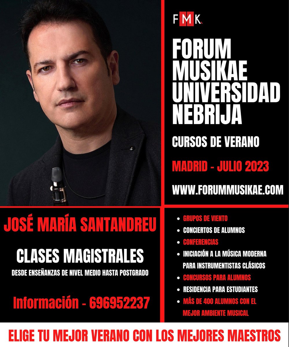jmsantandreu's tweet photo. Curso Internacional de Música de Verano FMK – Universidad Nebrija 2023
https://t.co/IByfbh6cl8

#cursosdeverano #cursodemusica #forummusikae #mad4clarinets #josemariasantandreu #camiloirizo #sanchosanchez #alfonsopineda #clasesmagistrales #summermasterclass #clarinete #madrid https://t.co/IzZZBgHDFZ