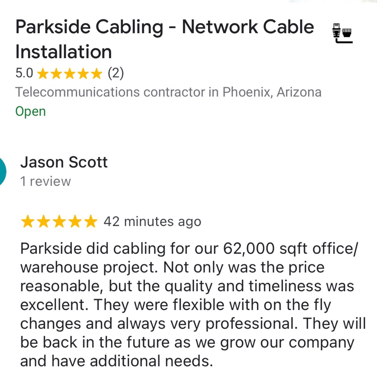 parksidetech's tweet image. Fantastic review from a job we did a couple months ago in North Phoenix! Thanks for sharing Jason! #networkcableinstallation #phoenix #arizona #business #officebuilds #officemoves #camerainstalls #networkequipmentinstalls #badgesysteminstalls #parksidecabling