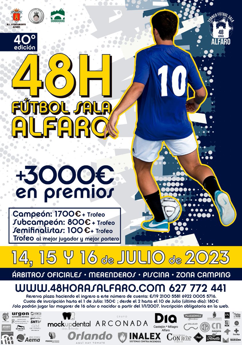Cartel oficial de las 4️⃣8️⃣ Horas Alfaro 2️⃣0️⃣2️⃣3️⃣

🟡¡Apúntate bien las fechas! 🟡
 ➡️1️⃣4️⃣,1️⃣5️⃣ y 1️⃣6️⃣ de Julio en Alfaro.

👉🏻 ¿Quieres apuntarte?
➡️48horasalfaro.com

👉🏻 ¿Necesitas información?
➡️Facebook, Twitter e Instagram (48horasalfaro)