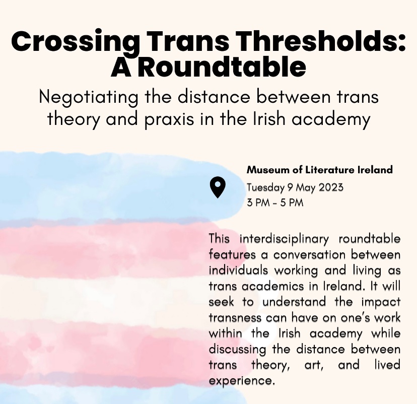 Was incredibly lucky to attend this roundtable on the relationship between trans theory and praxis in the Irish academy, featuring @ereidbuckley, @Matthewclkenne1, and Robin Steve, and chaired by @tayfollett and Caleb O'Connor.

Here are some key take-aways and insights:
