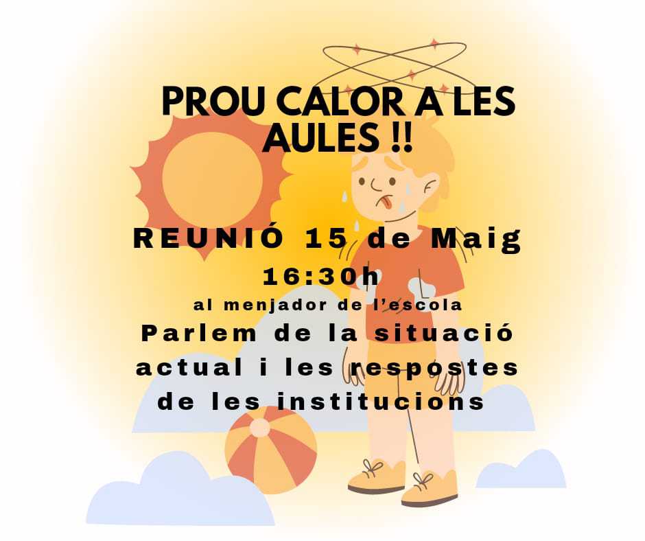 Des de l’AFA considerem que les mesures del consorci per fer front a la calor no són suficients. Dilluns 15 de maig farem una reunió a les 16:30 per parlar de la situació actual! Vine i participa-hi!
#afajaume1r #proucalor #afafortaescolaforta