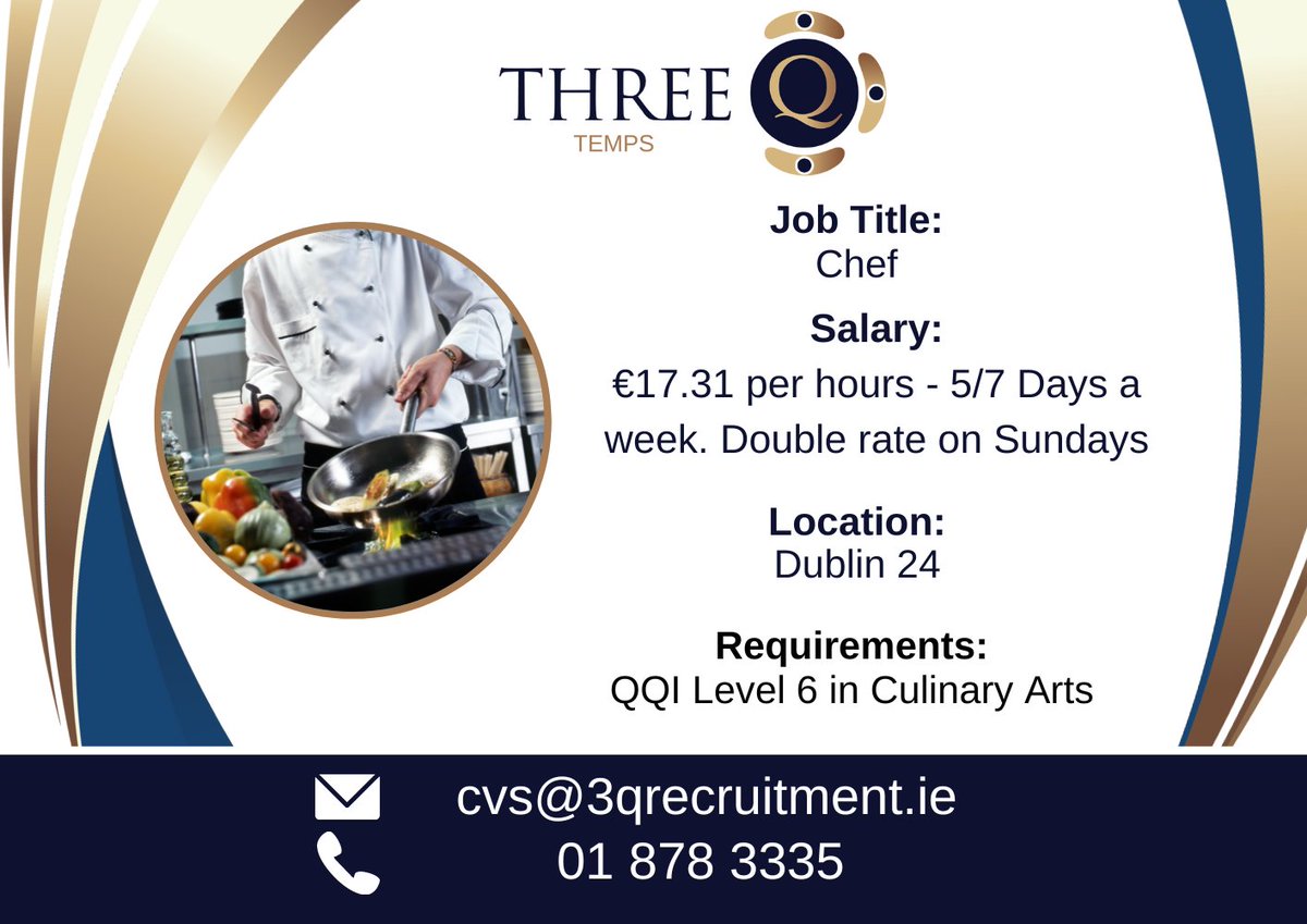 3QRecruitment's tweet image. Are you a passionate chef seeking an exciting new opportunity? Look no further! We are currently seeking a talented and innovative chef to join our team on behalf of our clients! Hours range from 6:00 AM - 6:00 PM. Send your CV in to us now! #ChefJob #CulinaryCareer #NowHiring