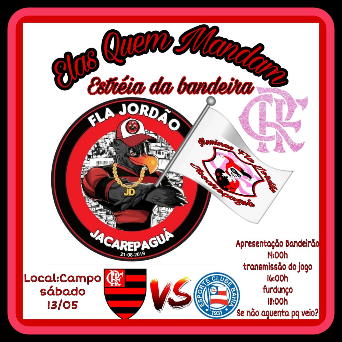 Sábado é logo ali, estréia da bandeira feminina da <a href="/fla_jordao/">TORCIDA FLA JORDÃO</a> e Jogo do Mengão ❤️🖤
Logo após furdunço no bar do Doidão 🤭🔥🥳🙏🏾🏳️✌🏾