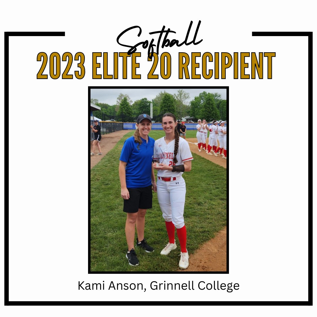 Congratulations to Kami Anson of Grinnell College! Kami is the 2023 MWC Softball Elite 20 Award Recipient! The award is given to the student-athlete competing in the season-culiminating tournament with the highest grade point average. <a href="/gcpioneers/">Grinnell Athletics</a>