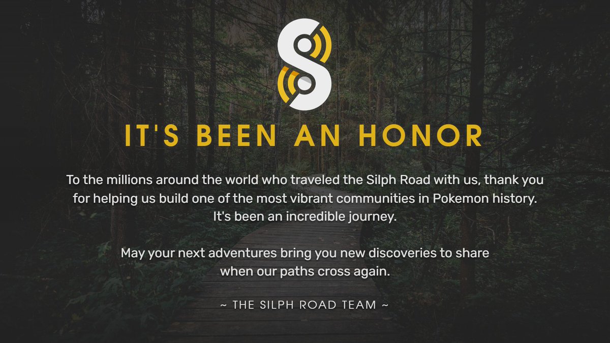 All good things must come to an end. After 7 glorious years, The Silph Road Team is ceasing operations. Thank you to everyone who traveled the Road over the years. Together we wrote this place into Pokémon history.

Read more: reddit.com/r/TheSilphRoad…