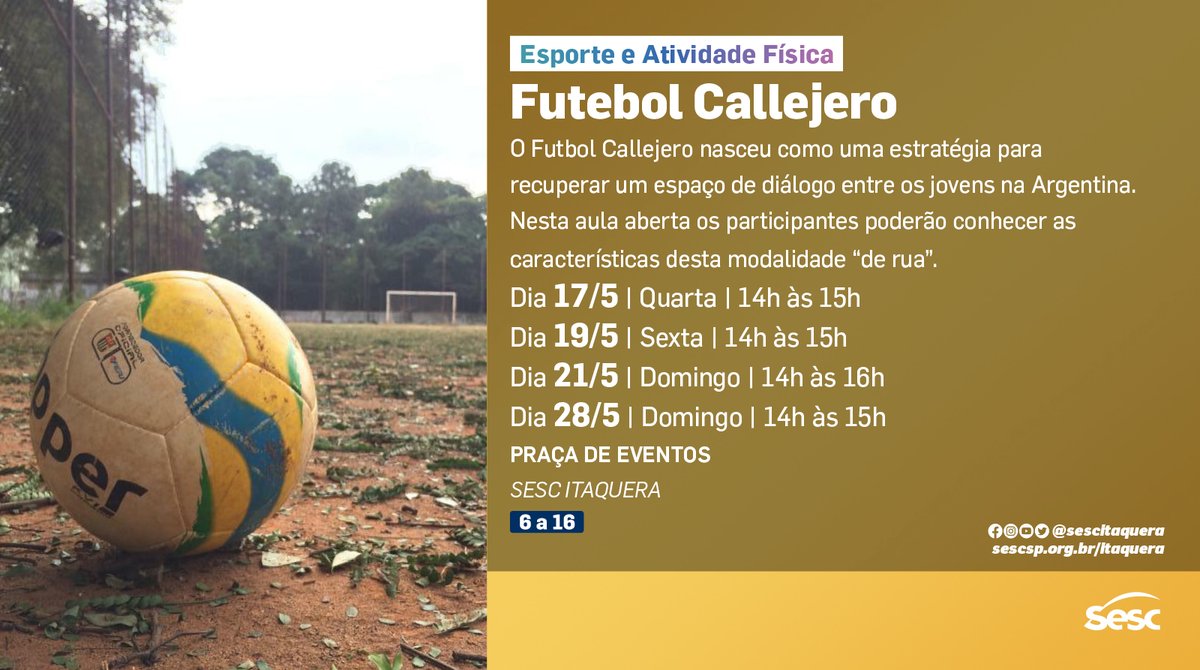 Você ja ouviu falar do "Futbol Callejero"? 
Os participantes dessa aula aberta poderão conhecer as características da modalidade "de rua" criada na Argentina.
As aulas são abertas para todos os públicos, sem necessidade de inscrição ou agendamento prévio.
#SescItaquera