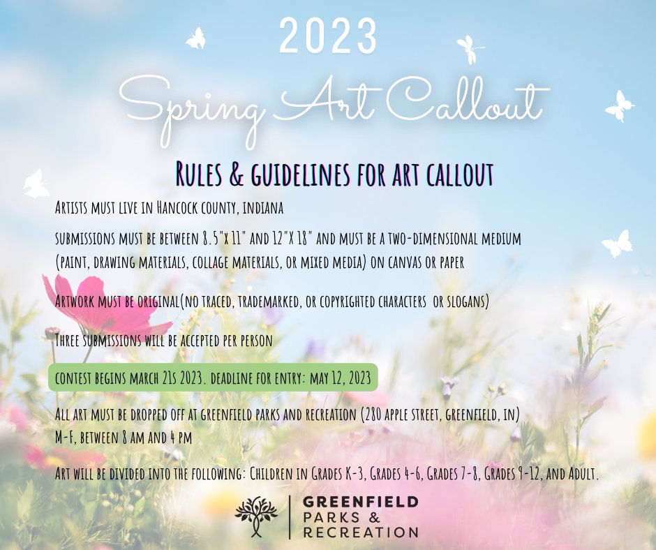 Greenfield Parks (@greenfieldparks) on Twitter photo Spring Art Callout: Have your art displayed in Depot Street Park! Pick up your registration form at the Parks Office, 280 Apple St., or email parks_rec@greenfieldin.org. Spring Art Callout: Have your art displayed in Depot Street Park! Pick up your registration form at the Parks Office, 280 Apple St., or email parks_rec@greenfieldin.org.