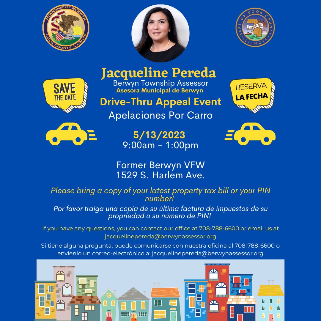 Drive-Thru Appeal Event

Berwyn Township Assessor Jacqueline Pereda will be Hosting a Drive-Thur Appeal Event

📆Saturday, May 13th
⏰9:00am - 1:00pm
📍Former Berwyn VFW
1529 S. Harlem 

Please bring a copy of your latest property tax bill or your Property Identification Number.