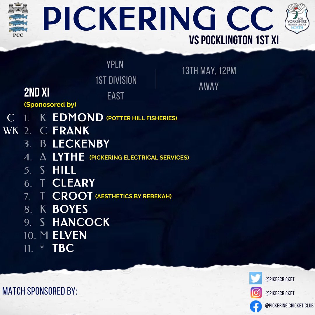 PikesCricket's tweet photo. 🚨Weekend Teams🚨

With plenty of men missing this week we have only managed to field 2 sides (Anyone wanting a game?)

1st XI are back at home aiming to show their capabilities with the bat

2nd XI take a depleted side to Pocklington 
in the effort to bring back some points https://t.co/jMxGrWEjA5