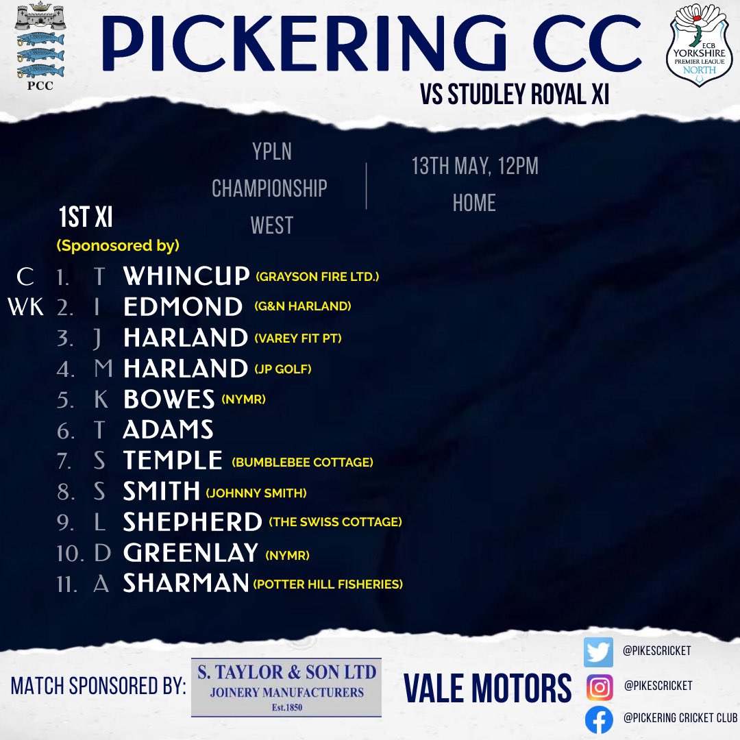 PikesCricket's tweet photo. 🚨Weekend Teams🚨

With plenty of men missing this week we have only managed to field 2 sides (Anyone wanting a game?)

1st XI are back at home aiming to show their capabilities with the bat

2nd XI take a depleted side to Pocklington 
in the effort to bring back some points https://t.co/jMxGrWEjA5