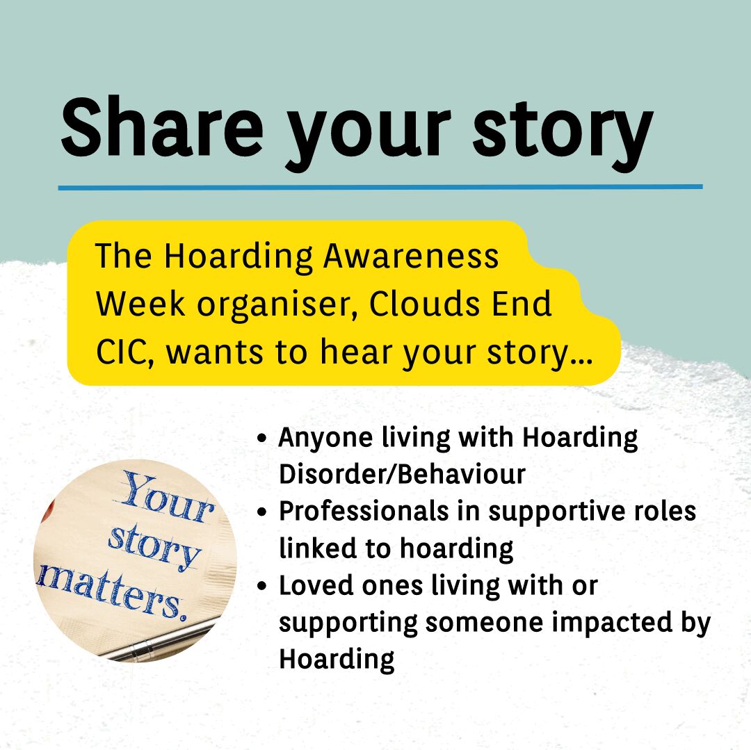 HoarderDisorder's tweet photo. SHARE YOUR STORY! 📝 HOARDING AWARENESS WEEK 15th-19th MAY 

@hoardingawarenessweek and Clouds End CIC want to hear your story... 

To find out more, HEAD TO:
https://t.co/6hQ1dnngbh 

#hoardingdisorder #hoarding #hoardingawarenesstraining #hoardingsupport #HAW2023 #MyHAW https://t.co/5sMMRf9ZKP