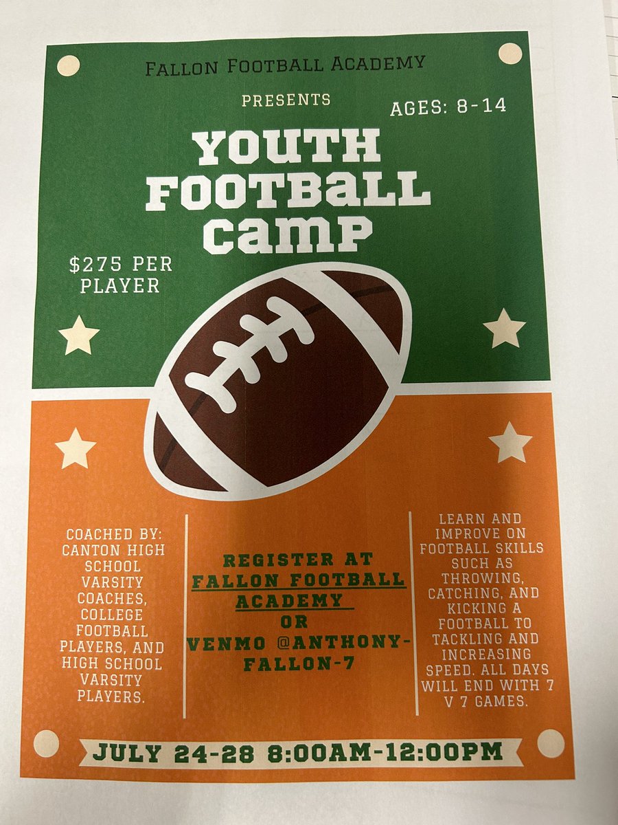 Afallon56's tweet photo. Fallon Football Academy youth football camp is up and ready for registration. https://t.co/UYL4HVBKtm