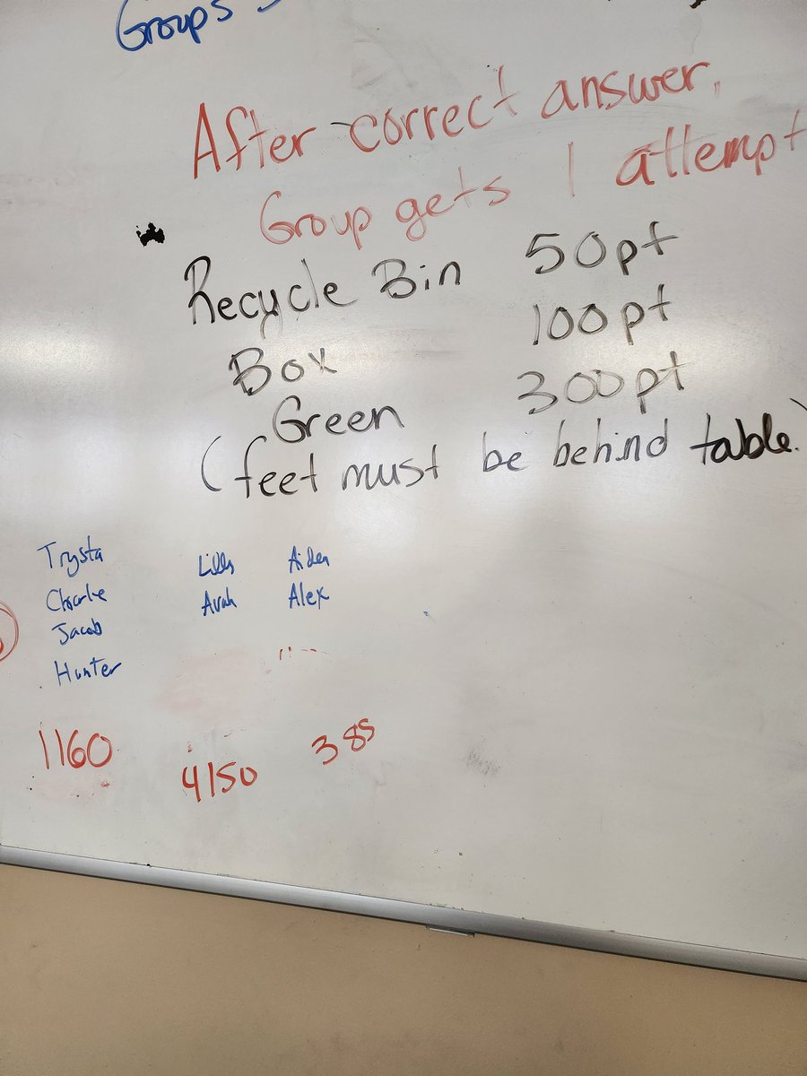 Barkersmath's tweet photo. @mashupmath Jeopardy with Trasketball. For every correct math answer, your team gets to throw a paper wad to attempt to earn extra points! The smaller the target, the more points it is worth#fmsteach https://t.co/Hxw1Y8iCKU