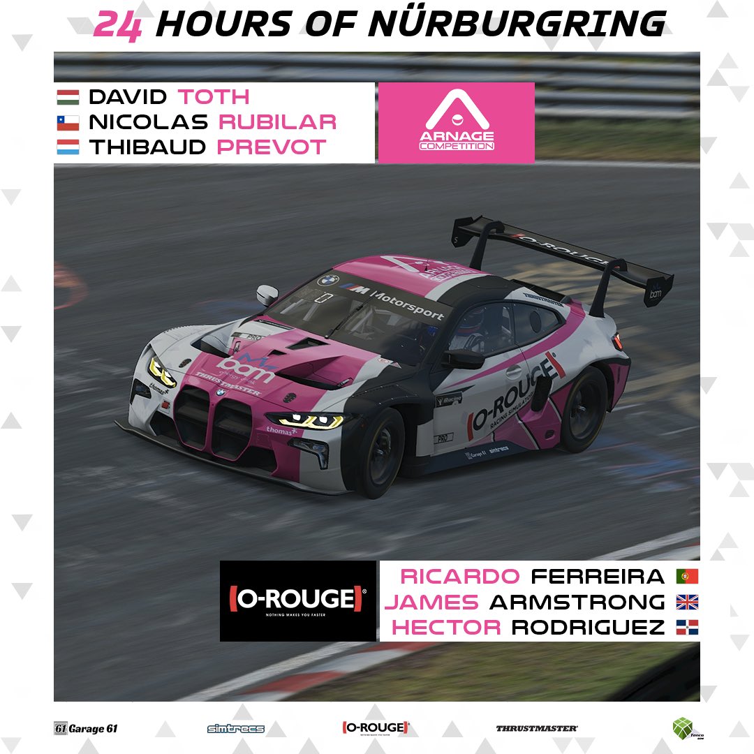 This weekend sees the 24 hours of Nurburgring 🇩🇪

We have 2 crews ready to tame the green hell!
🇭🇺 David Toth
🇨🇱 Nicolas Rubilar
🇱🇺 Thibaud Prevot

And for our O-Rouge crew we have :
🇵🇹 Ricardo Ferreira
🇬🇧 James Armstrong
🇩🇴 Hector Rodriguez

Good luck to our drivers 🍀