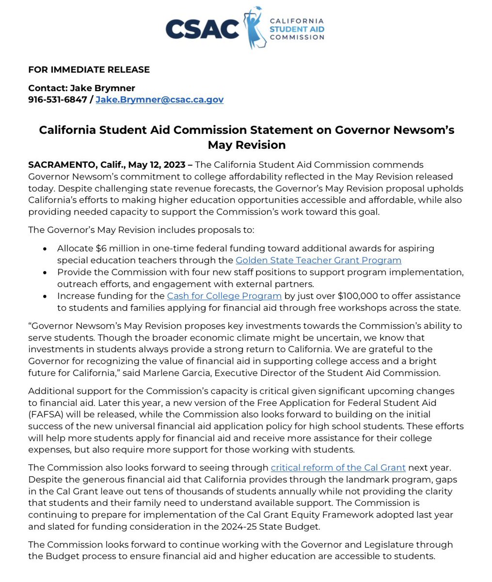The <a href="/castudentaid/">CA Student Aid Commission</a> Commission commends <a href="/CAgovernor/">Governor Gavin Newsom</a> Newsom’s commitment to college affordability reflected in the May Revision released today.
 
Read our statement here: csac.ca.gov/sites/main/fil…