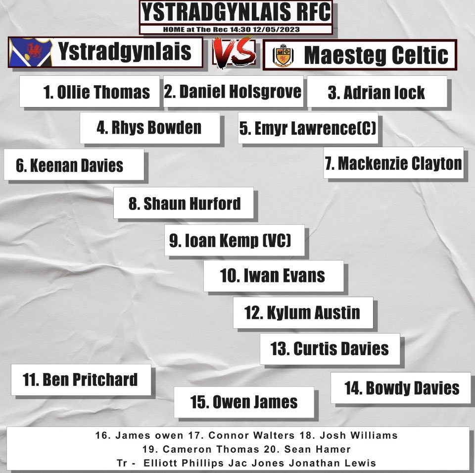 ystradbluesrfc's tweet photo. The last League game of the season and the team news is in for tomorrow’s game.
🔵The Squad is selected for the game against Maesteg Celtic on the rec.
🔵2.30pm kick off
Huge thanks to Loaf Kitchen Bar for the man of the match sponsor.
Good luck to the boys. #PackTheRec https://t.co/09bMFxezTo