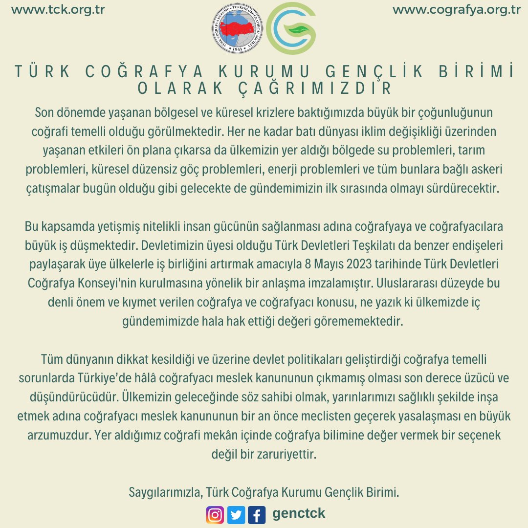 Cografyacilariz's tweet photo. Türk Coğrafya Kurumu Gençlik Birimi Olarak Çağrımızdır. 
#coğrafyacımeslekkanunu https://t.co/pfyGi5Wi38