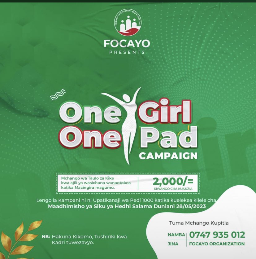 J O H N (@johnjohn____) on Twitter photo Tuungane pamoja na FOCAYO ORGANIZATION kuhakikisha binti anakuwa kwenye mazingira anapofikia wakati wa hedhi! 
#NinamjaliBinti Tuungane pamoja na FOCAYO ORGANIZATION kuhakikisha binti anakuwa kwenye mazingira anapofikia wakati wa hedhi! 
#NinamjaliBinti
