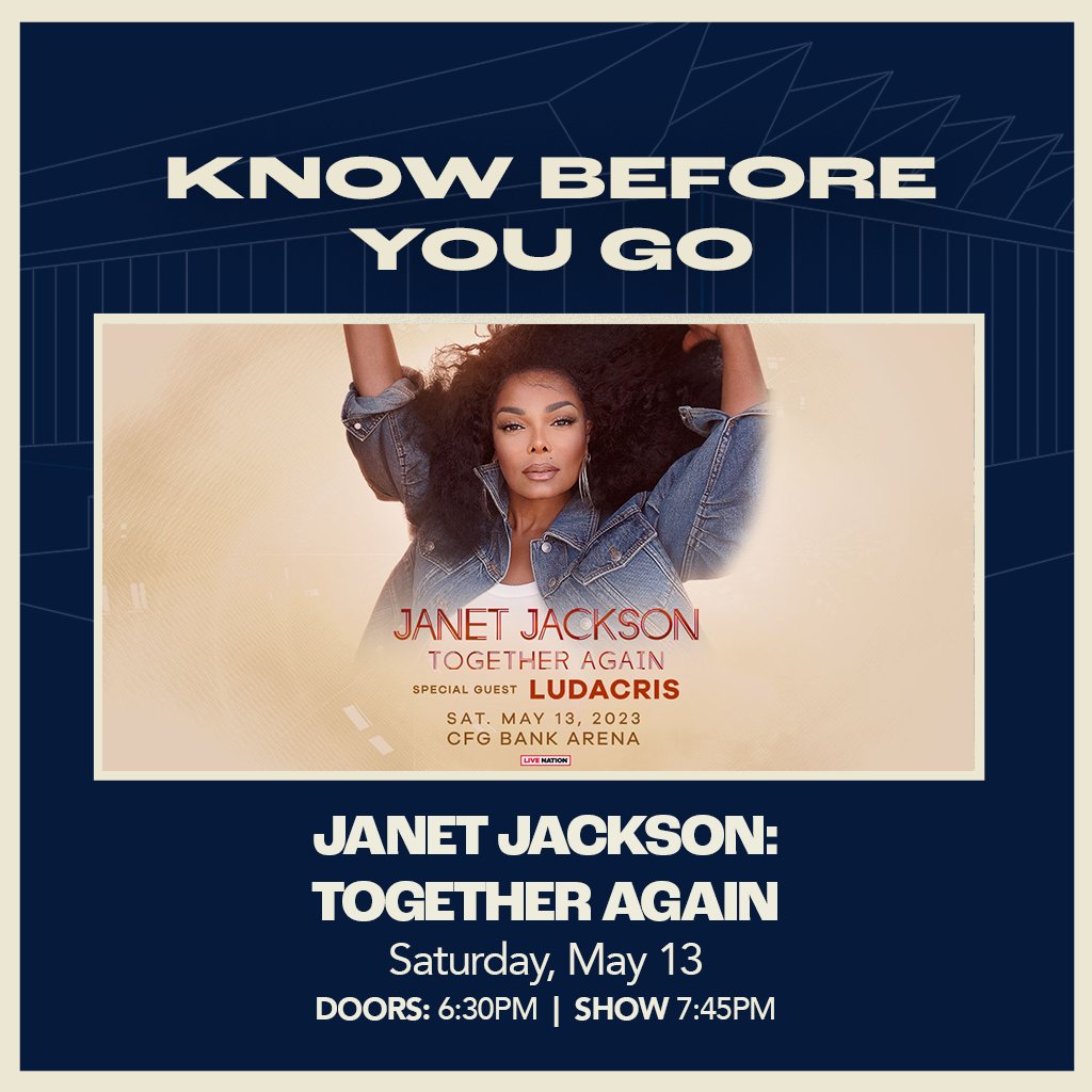 CFGBankArena's tweet photo. Hey Baltimore! Are you ready for #MoreVibes tomorrow night with the amazing @JanetJackson? Get ready to groove!
Doors: 6:30PM
Showtime: 7:45PM
Still need tickets? 👉 https://t.co/vmhislOx6Y https://t.co/JAE59hf7iX