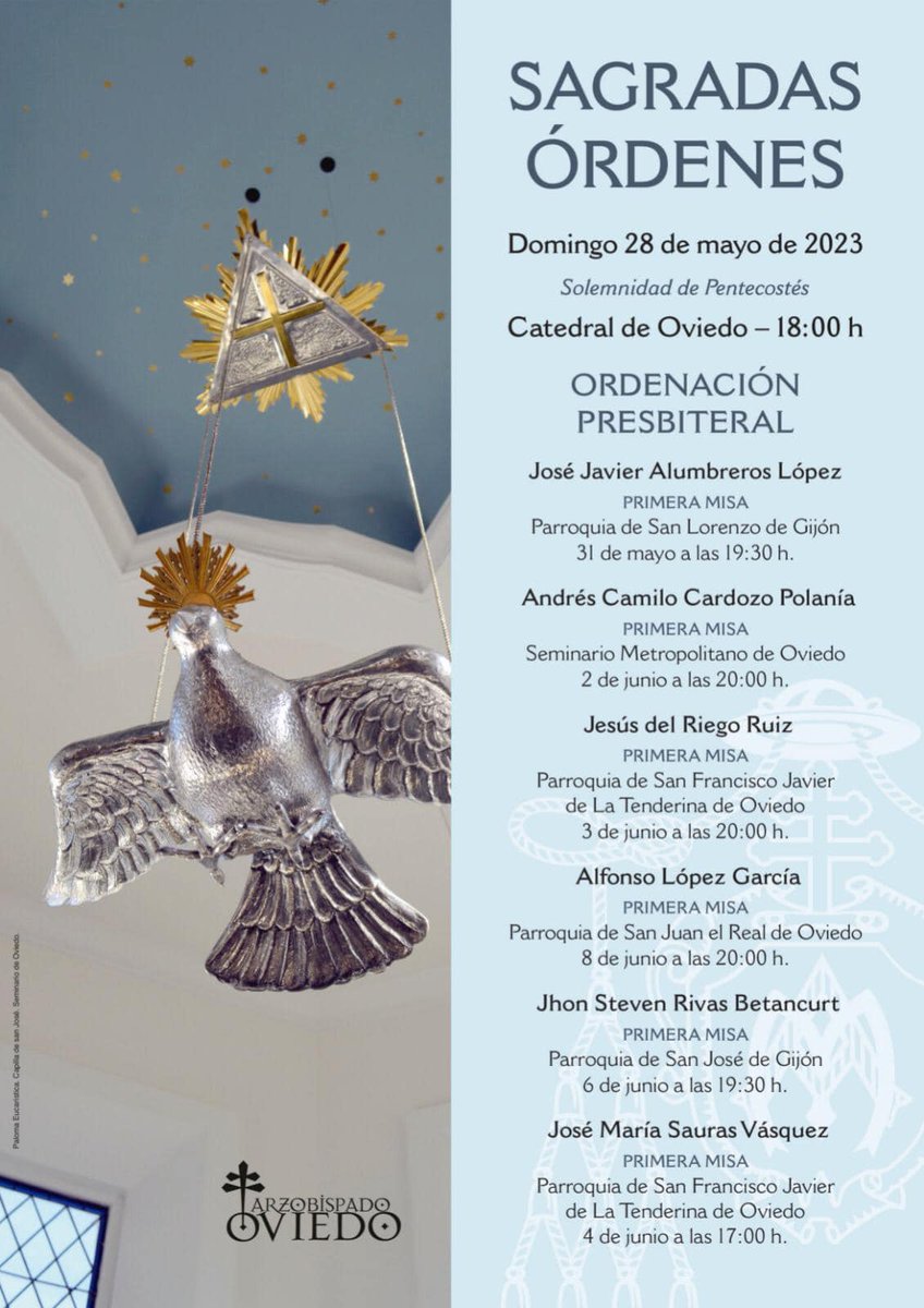 cautivomerced's tweet photo. Reenviamos la información del Seminario Metropolitano de Oviedo sobre las próximas ordenaciones presbiterales que se harán en la Catedral de Oviedo - Domingo 28 de Mayo de 2023 a las 18:00h.

Os animamos a orar por ellos y acompañarles en un día tan importante.

@ArchiOviedo https://t.co/aimEfL55Np
