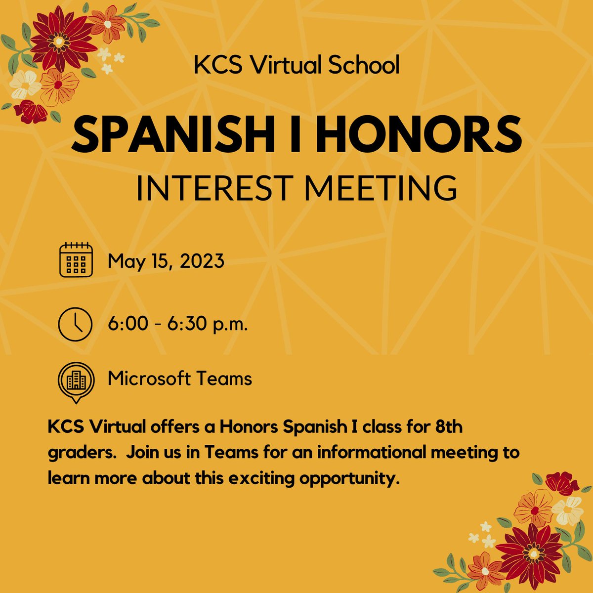 Virtual Middle School will be holding an informational meeting for rising 8th graders on May 15, 2023 at 6:00pm-6:30 for those interested in taking Spanish for 2023-2024 school year.                    nam11.safelinks.protection.outlook.com/ap/t-59584e83/…