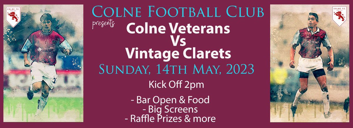 Football, Raffle, Football, Food, Football, Drinks. It's the Vintage Clarets Fundraiser this Sunday @Colne_FC Fun starts at 12 with Championship Play off Semi on the big screens ⚽️ #WeAreColneFC #ThisMeansMore Please retweet 🙏🏻🙏🏻🙏🏻🙏🏻