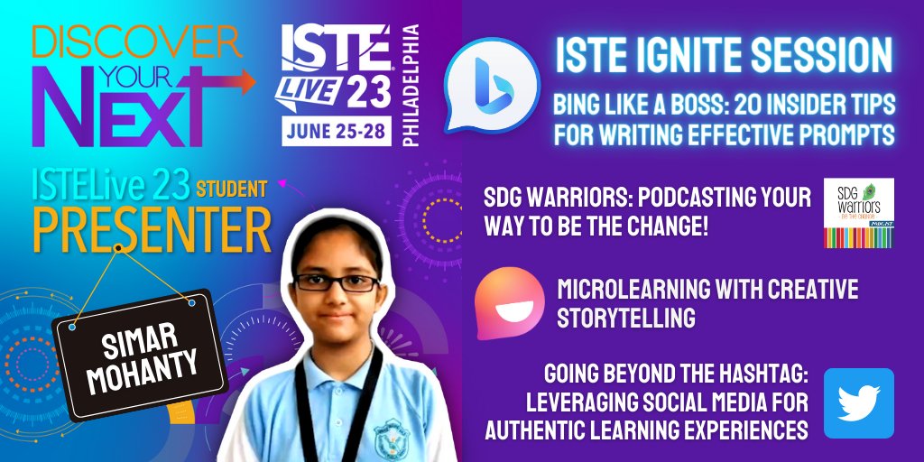 🦸‍♀️ We @SDGwarriors are thrilled to have Simar selected as a Student Presenter at #ISTElive 23 for delivering an 🔥 Ignite Talk on #AI @bing chat👩‍💻 & amplify #TechForGood 🎓🌏
3rd year presenting, we couldn't be more honored @ISTEofficial 🌻
#BeTheChange #STEMinist #StudentVoice