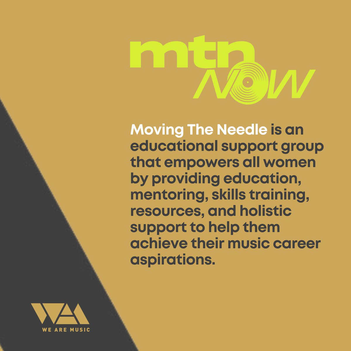 Moving The Needle @mtnNOW_  is an educational support group that empowers all women by providing education, mentoring, skills training, resources, and holistic support to help them achieve their music career aspirations.

Find out more:
mtnnow.com