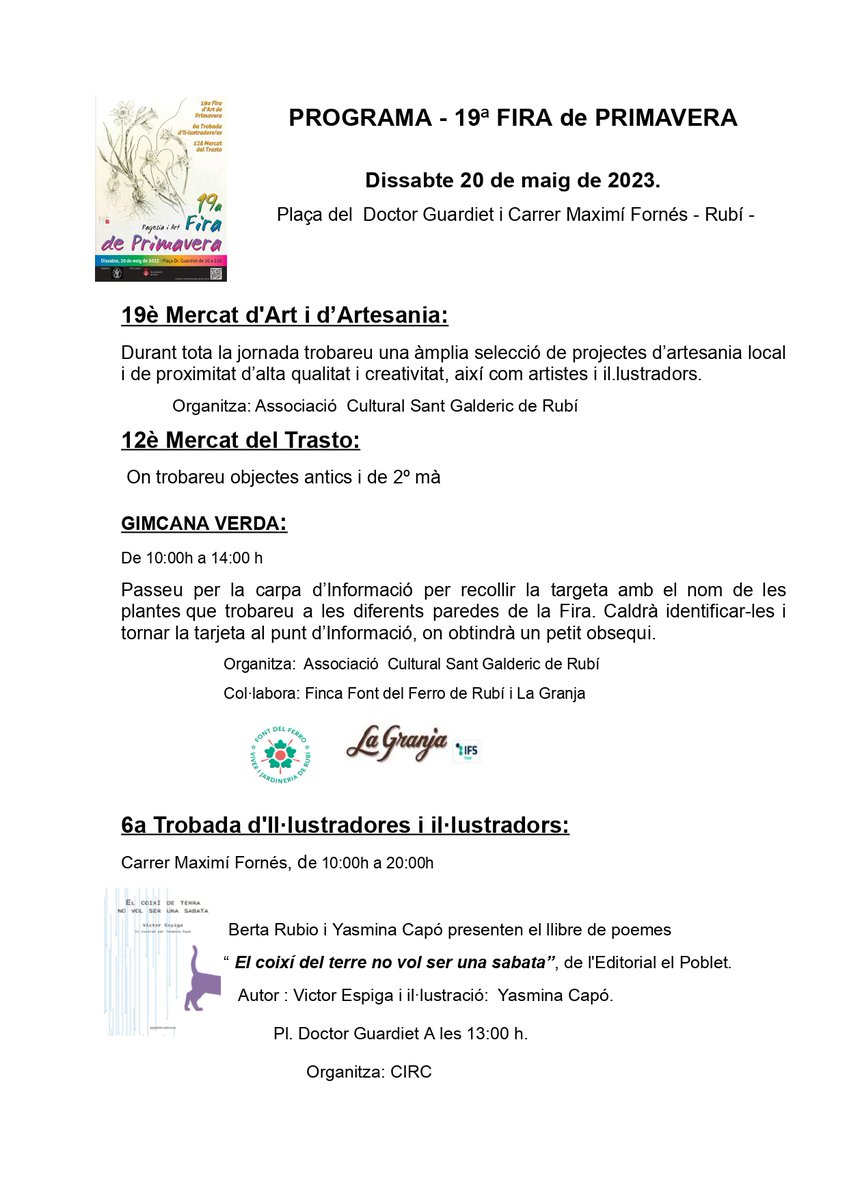 L´Associació Sant Galderic us presenta el PROGRAMA de la 19ª Fira d´Art de Primavera 🌈🌻🌺- la 6ªTrobada d´Il.lustradors/es i el 12è Mercat del Trasto, el proper dissabte 20  Maig-23  10:00h. a 20:00h.  Pl. Doctor Guardiet de Rubí -Església de Sant Pere- Us esperem a tots!❤️😘