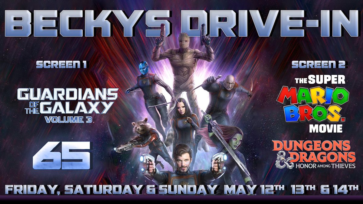 Showing tonight through Sunday May 14th: Screen 1: 8:30 PM “Guardians of the Galaxy vol. 3” PG-13 11:10 PM “65” PG-13 Screen 2: 8:35 PM “The Super Mario Bros Movie” PG 10:30 PM “Dungeons & Dragons: Honor Among Thieves” PG-13