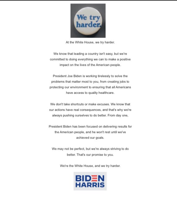 Schwartzie14's tweet image. I asked ChatGPT to write an ad for president Biden in the style of Avis’ famous “We Try Harder” manifesto. Not bad. (Ignore the art direction, please). 
#aiExperiment