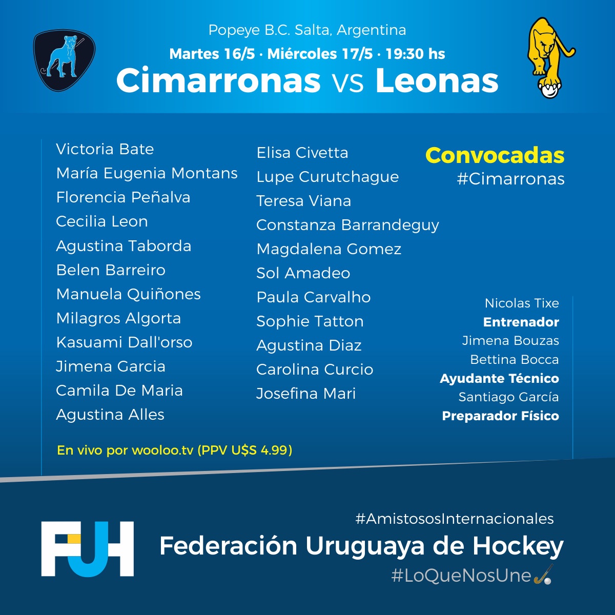 Cimarronas convocadas para los amistosos internacionales con las Leonas en Salta, Argentina. 
🗓️Martes 16 y miércoles 17 de Mayo 19:30hs
🎦 En vivo por <a href="/wooloo/">wooloo</a>.tv (PPV U$S 4.99)
#LoQueNosUne🏑