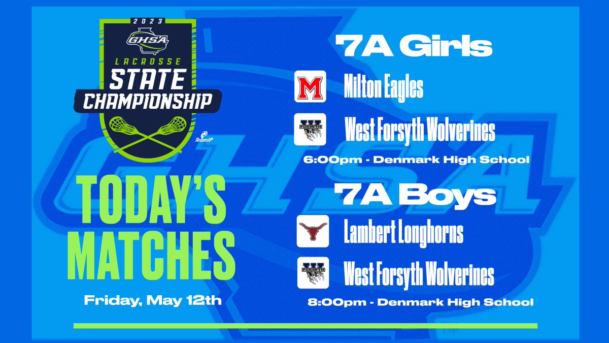 OfficialGHSA's tweet photo. Lacrosse State Championship 🏆 | Day 1 🥍
🏟️   Denmark High School-Alpharetta, GA
🎟️   Tickets purchase @GoFanHS 
⌚️   6pm-7A Girls          8pm-7A Boys
🖥️   All matches live streamed on @NFHSNetwork 
🥅   @BSNSPORTS_GA https://t.co/o5rjJJAne3