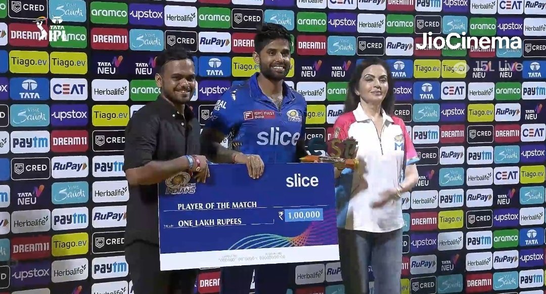 Suryakumar Yadav grabs the Player Of The Match award for his marvelous century.

A tough competition between him and Rashid Khan for the POTM award.